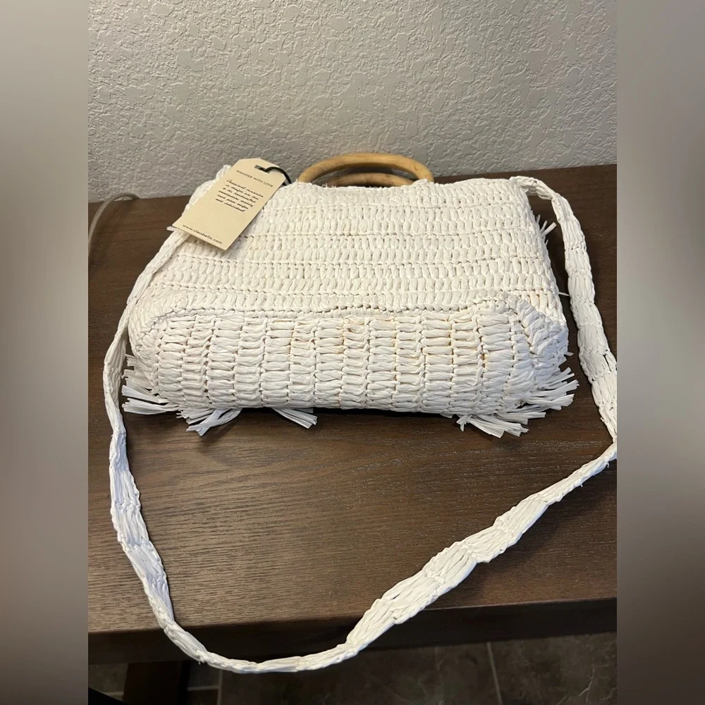 NWT Cleobella Raffia straw purse White Woven Handbag with Wooden Handles - Picture 7 of 13
